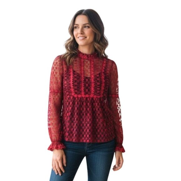 Anna Sui Ruffled Wagon Wheel & Hearts Embroidered Top NWOT - Size 2 - Picture 1 of 7